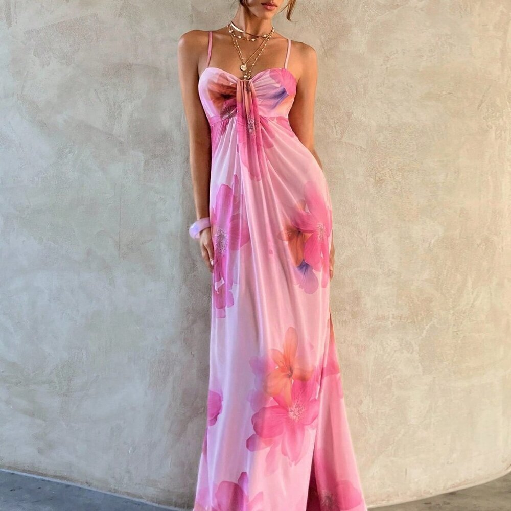 Pink Boho Elegant Women's Holiday Maxi Dress with Flower Print